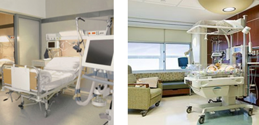 "Two images of a hospital bed surrounded by medical equipment"
