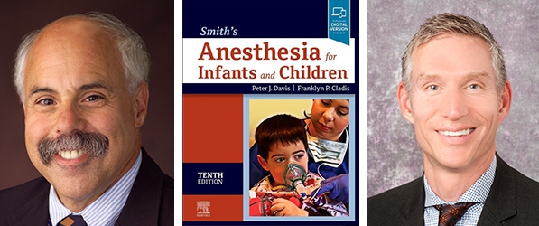 "Headshots of Doctors Davis and Cladis next to a graphic of the textbook cover depicting the administration of anesthesia to a child"
