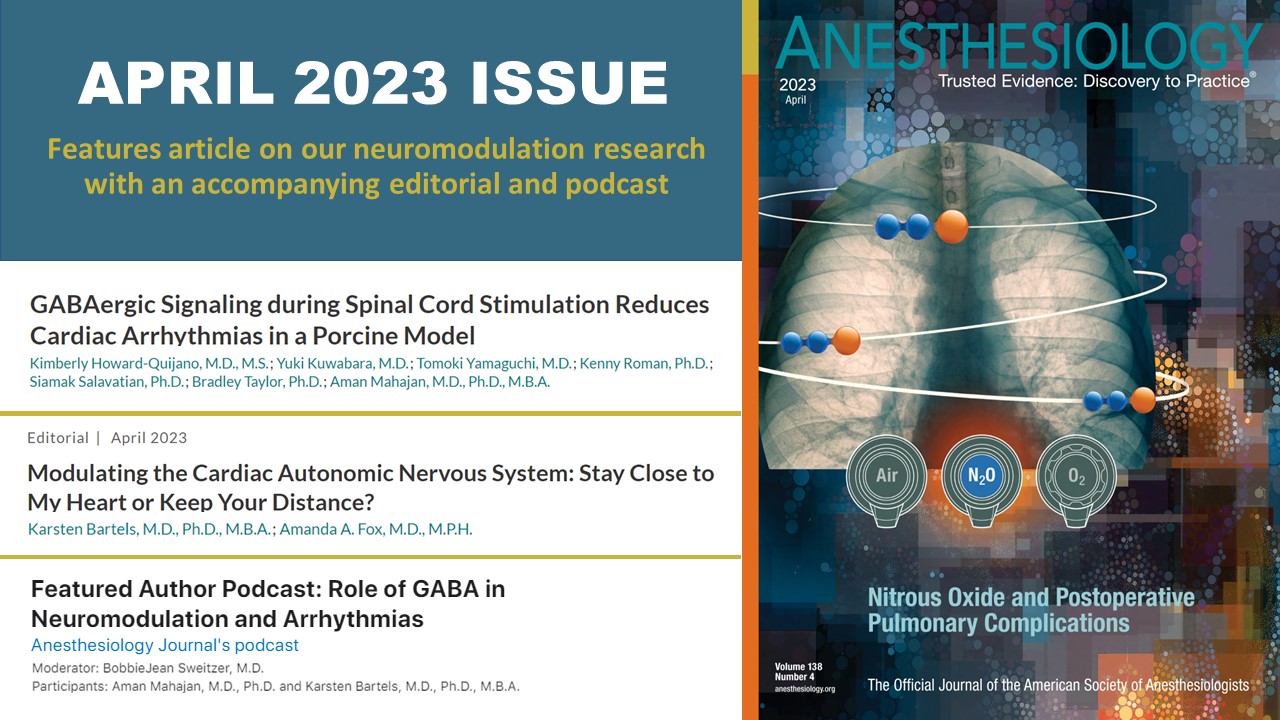 "A graphic slide depicting the April 2023 Anesthesiology edition with titles and authors of the featured article, editorial, and podcast"