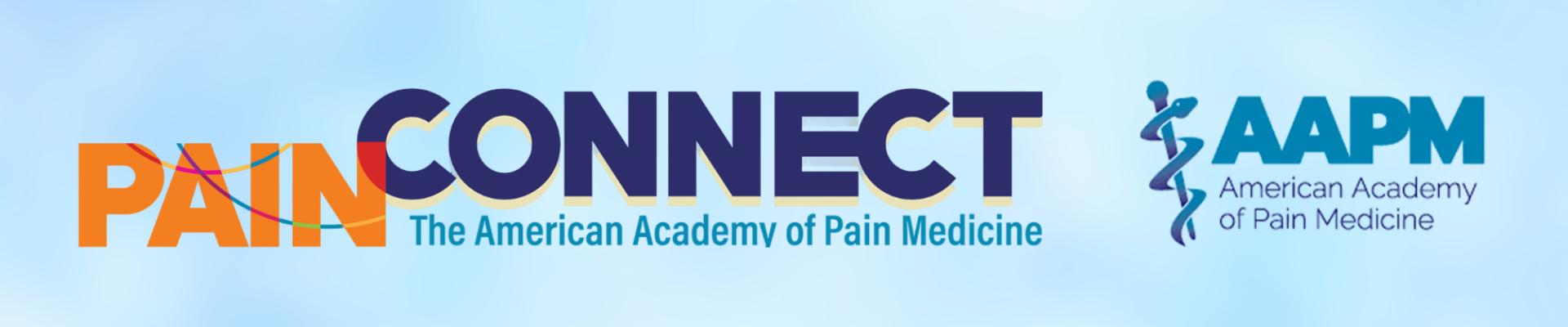 Logo for "PAIN CONNECT" by the American Academy of Pain Medicine. "PAIN" is in bold orange letters with multicolored curved lines crossing through it, and "CONNECT" is in bold navy blue letters with gold accents. Below, "The American Academy of Pain Medicine" is written in smaller blue text. To the right, the "AAPM" logo features a stylized figure with a curved line resembling a caduceus and the text "American Academy of Pain Medicine" underneath. The background is light blue with a textured, abstract pattern.