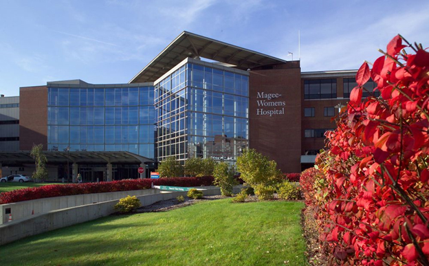 "The front of Magee-Womens Hospital on a sunny day"