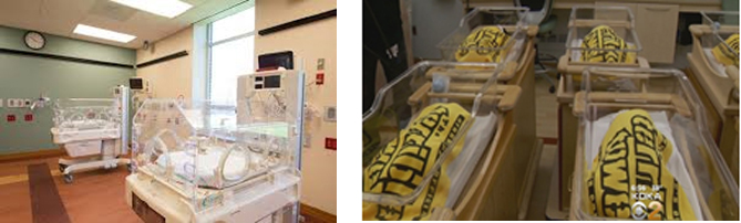 "Two photos of the neonatal intensive care unit, one with babies wrapped in the terrible towel"