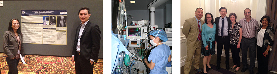 "Three photos: left, department members pose while presenting a poster; middle, a medical professional surrounded by medical technology; right, a group of six department members pose in formal wear"