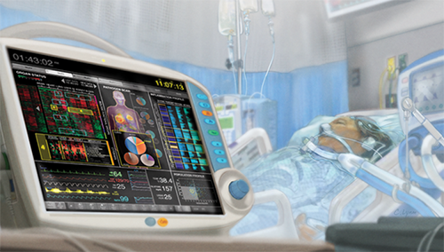 "A medical monitor with many readings, a patient lays in a hospital bed in the background"