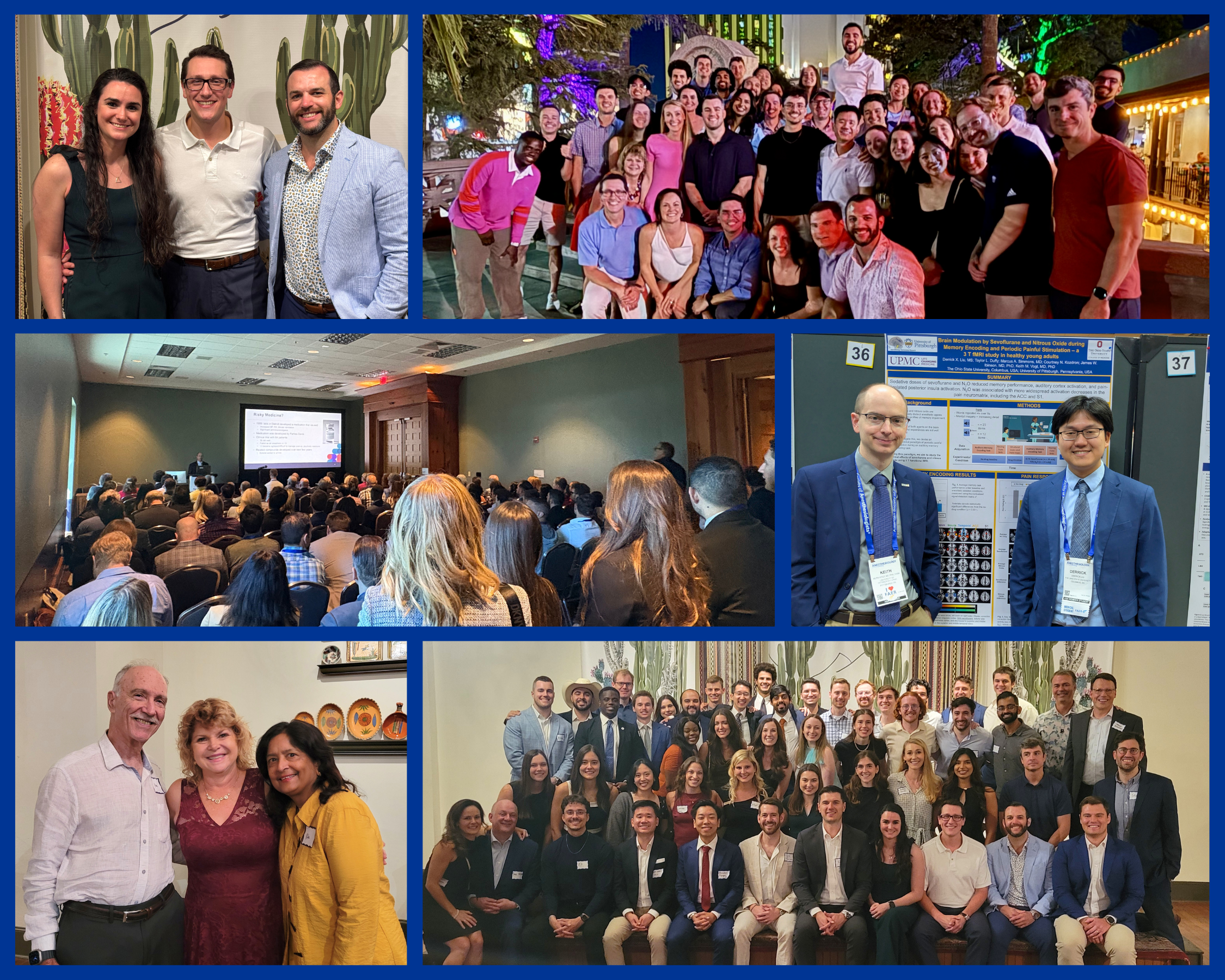 Collage of six photos bordered in blue, showcasing moments from the 2025 ASA Meeting. Top left: Three people smiling in front of a cactus mural. Top center: A large group posing outdoors at night with colorful lights in the background. Top right: Two men in suits standing in front of a research poster at a conference. Middle left: A crowded room with attendees listening to a presentation. Bottom left: Three people smiling and posing indoors near a shelf with decorative plates. Bottom right: A large group dressed in business or semi-formal attire posing together indoors, suggesting a group photo from the event. The overall mood is friendly and celebratory.