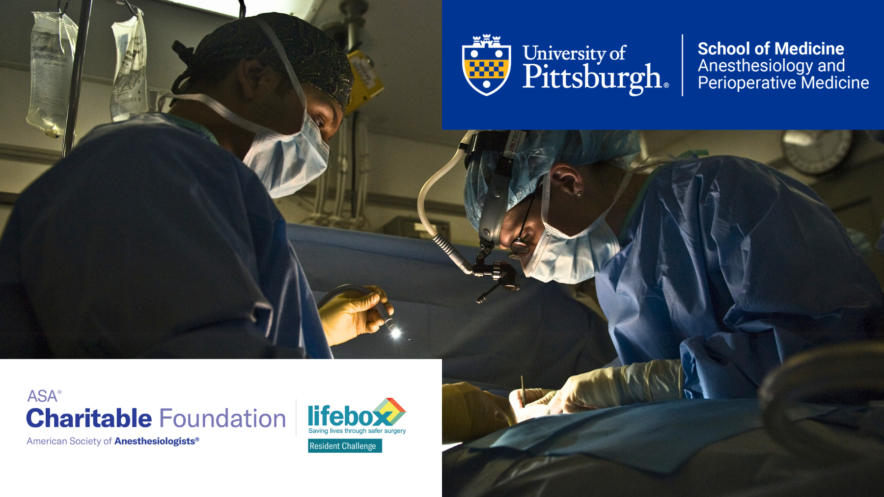 photo of an OR during surgery with ASA, Lifebox, and our department's logos