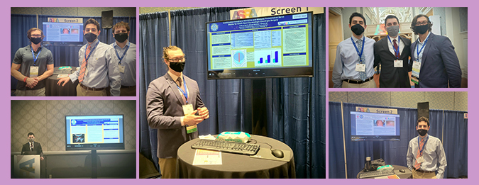 "A collage of five photos of department students presenting at virtual posters in masks"