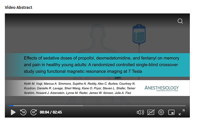 An image of a video abstract interface for a medical study titled 'Effects of sedative doses of propofol, dexmedetomidine, and fentanyl on memory and pain in healthy young adults: A randomized controlled single-blind crossover study using functional magnetic resonance imaging at 7 Tesla.' The interface features a play button, video controls, and icons of a clipboard and a medical drip next to a silhouette of a person. The logo for 'ANESTHESIOLOGY, The Journal of the American Society of Anesthesiologists, Inc.' is in the lower right corner.