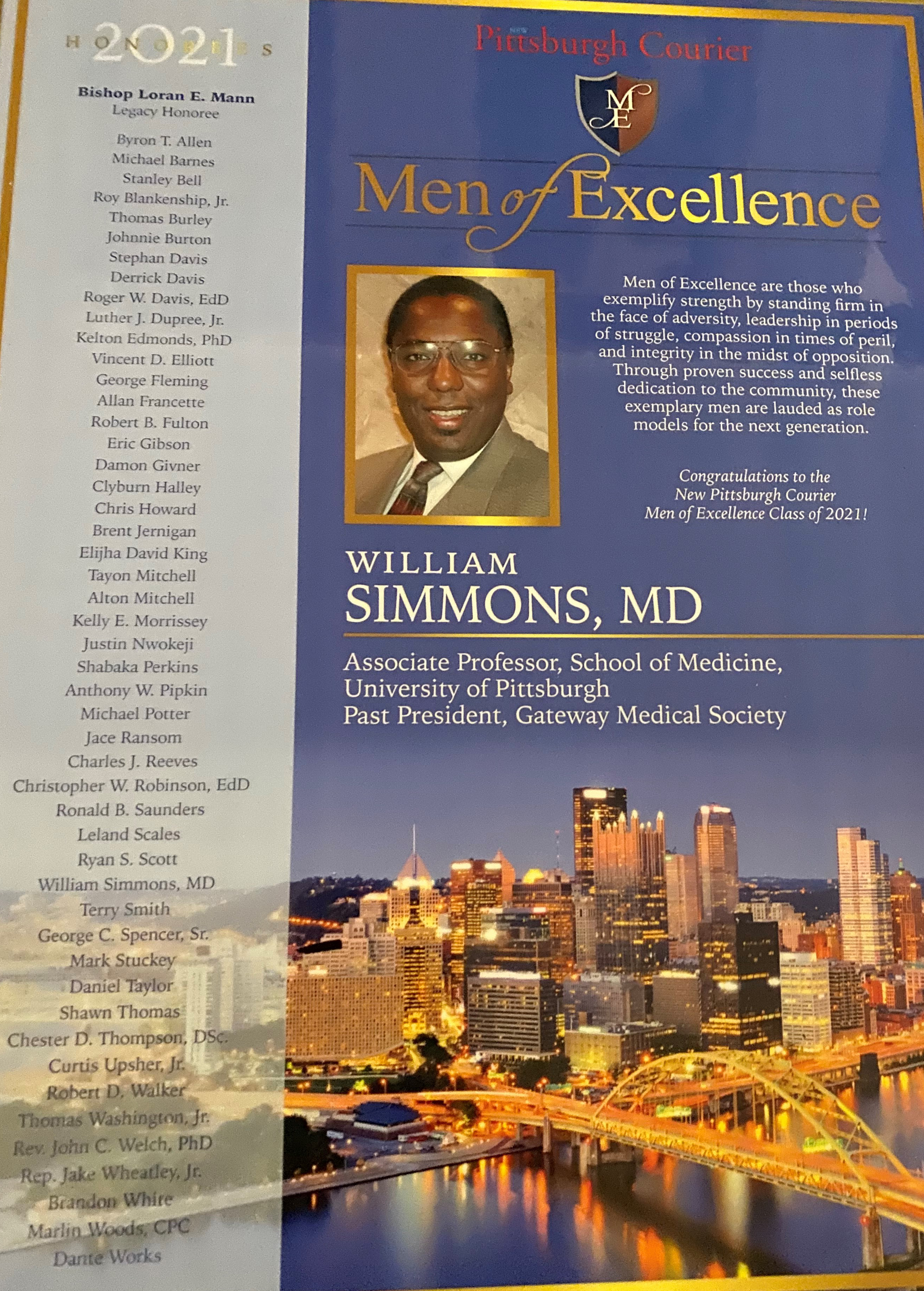 "A picture of Doctor Simmons with congratulatory text from the Pittsburgh Courier's Men of Excellence award"