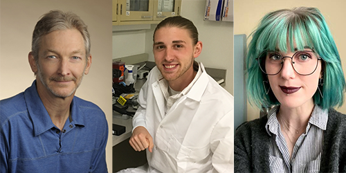 Three people in a side-by-side collage. On the left is Dr. Brad Taylor, a man with short gray-blond hair and a trimmed beard wearing a blue collared shirt and smiling at the camera. In the center is Dr. Tyler Nelson, a young man with pulled-back hair wearing a white lab coat and sitting in a laboratory setting. On the right is Dr. Heather Allen, a woman with teal hair, large round glasses, and dark lipstick wearing a striped shirt and gray cardigan, posing in an indoor setting.