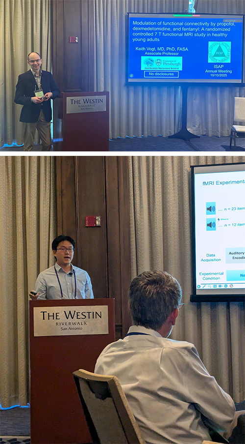 Two photos from the ISAP Annual Meeting on October 10, 2025 at the Westin Riverwalk in San Antonio. In the first image, Keith Vogt stands next to a podium with a slide on the screen titled "Modulation of functional connectivity by propofol, dexmedetomidine, and fentanyl.” In the second image, Derrick Liu presents at the same podium while a seated audience member listens; a slide behind him displays information about an fMRI experiment involving auditory encoding.