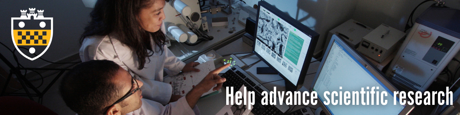 graphic featuring scientists working on a computer and the phrase Help advance scientific research