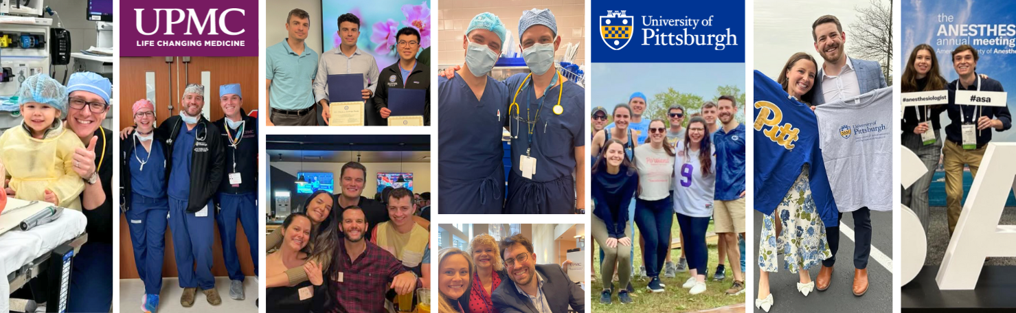 Collage-style banner showcasing UPMC and University of Pittsburgh anesthesiology residents and faculty in various professional and social settings. Images include clinical scenes with residents in scrubs, group photos at events, residents holding Pitt and UPMC shirts, and participants at the ASA annual meeting posing with signage. Logos for UPMC and the University of Pittsburgh appear prominently. The banner promotes the vibrant, collegial atmosphere of the anesthesiology residency program.