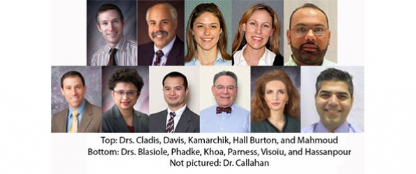 "Headshots of doctors Cladis, Davis, Kamarchik, Hall Burton, Mahmoud, Blasiole, Phadke, Khoa, Parness, Visoiu, and Hassanpour"