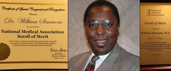 "Headshot of Doctor Simmons with National Medical Association Scroll of Merit"