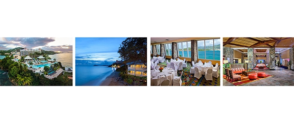 "A set of four photos representing a coast-side hotel"