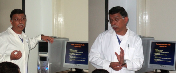 "Two photos of Doctor Nashaat Rizk standing in front of a computer"