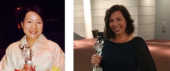 "Two photos of Rick Henker's wife and Pam Norton holding award"