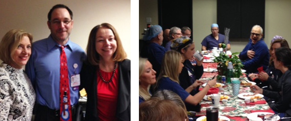 "Two photos of people enjoying a holiday themed breakfast."