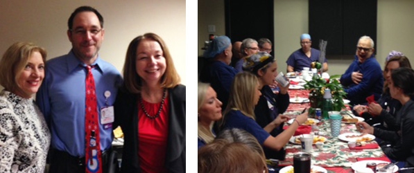 "Two photos of people enjoying a holiday themed breakfast."