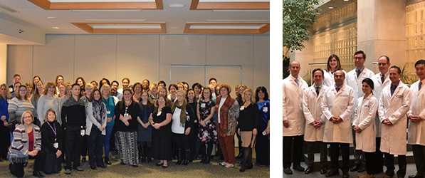 "Two photos, left of a large group of people in an open room, right a group of six people in lab coats"