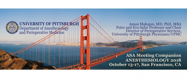 "A graphic advertising Anesthesiology 2018 over a backdrop of the Golden Gate Bridge in San Francisco"