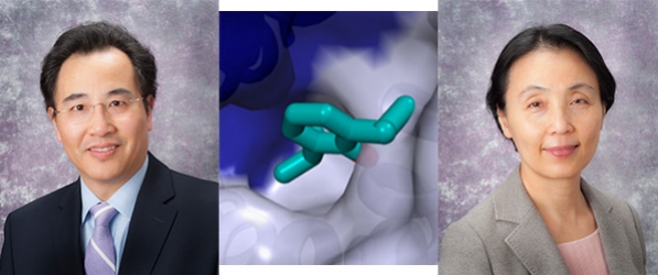 "Two headshots on either side of a graphic depicting a molecular structure"