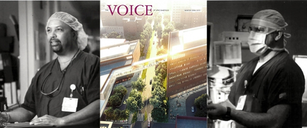 "Two photos of David Snyder and Robert Lorah featured on either side of the cover of The Voice magazine"