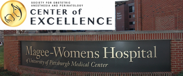 "Logo for the center of excellence and the sign for Magee-Womens Hospital"