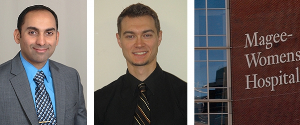 "Headshots of Doctors Like and Schlott next to a photo of Magee Women's Hospital"