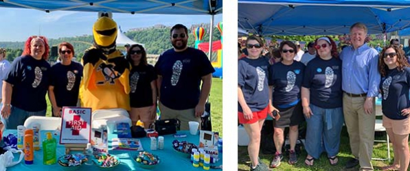 "Two photos of CRNAs posing in groups, one with the Pittsburgh Penguins mascot"