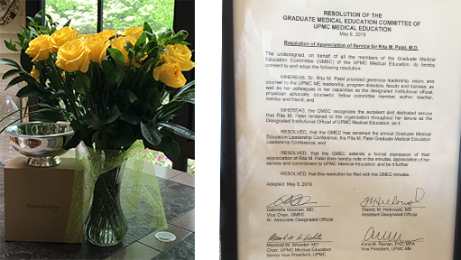 "Two photos, one of a bouquet of yellow roses in a glass vase, the second of a recognition of Dr. Patel's achievements and appointment to Professor Emeritus"