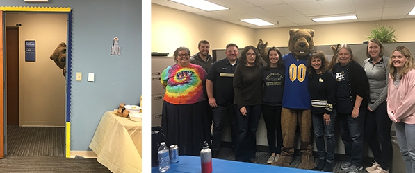 "Research team with University of Pittsburgh mascot ROC the Panther"