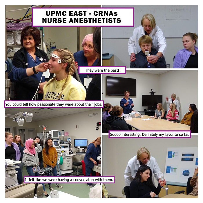 "A group of photos of CRNAs and students participating in a presentation"