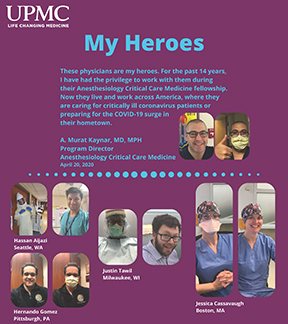 "A graphic poster by UPMC highlighting a selection of medical professionals and COVID-19 work"