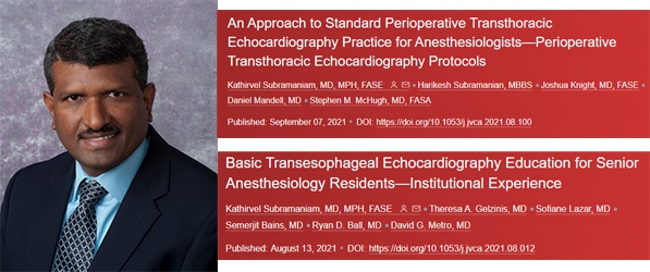 "Headshot of Doctor Subramaniam next to the titles and authors of the JCVA articles"