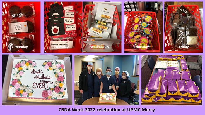 "A selection of many photos from UPMC Mercy featuring nurses posing with a cake and baskets filled with treats"