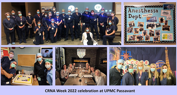 "A selection of photos from UPMC Passavant featuring nurses standing in a group, posing with a cake, a bulletin board, and a fancy dinner"