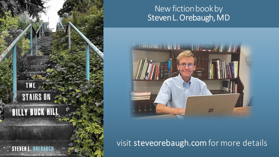 "The book cover for The Stairs on Billy Buck Hill featuring cement stairs with overgrown foliage, left, and a picture of Doctor Orebaugh working on a laptop with books in the background, right"