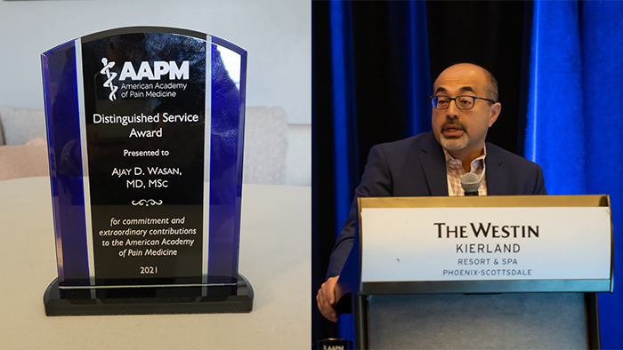 "Doctor Wasan at a podium and a picture of the AAPM Distinguished Service Award"