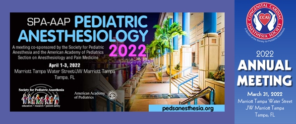 "A graphic advertising the SPA-AAP Pediatric Anesthesiology and CCAS annual meetings"