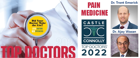 "A graphic advertising the 2022 top doctors including headshots of Doctors Emerick and Wasan"