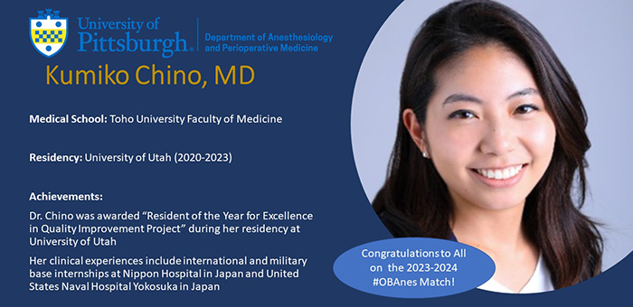 "A headshot of Kumiko Chino alongside information on her medical school, residency, and achievements"