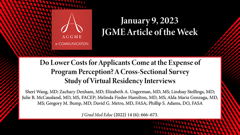 "A graphic depicting the title and authors of the article chosen by JGME"