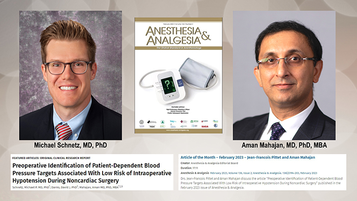 "Headshots of Doctors Schnetz and Mahajan with screenshots of the article title and graphic cover of the A and A cover"