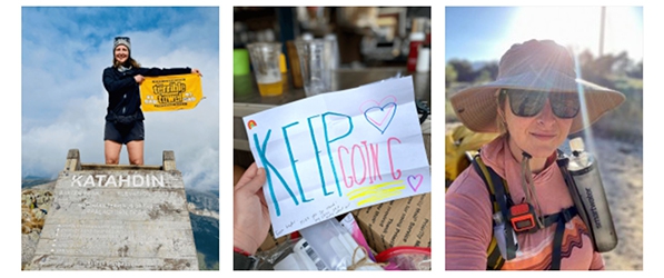 "Three pictures, leftmost Sarah Robinson holding a terrible towel on a summit, middle holding a paper that says keep going, and third a selfie of Sarah hiking"