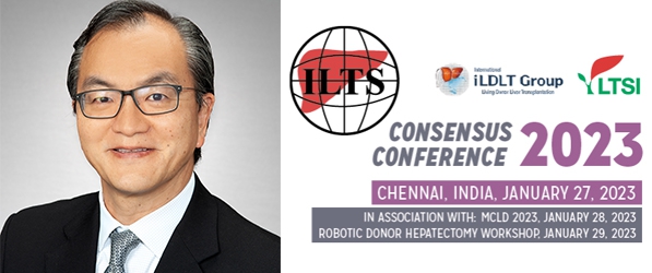 "Headshot of Doctor Sakai and an advertisement of ILTS-iLDLT-LTSI 2023 consensus conference"