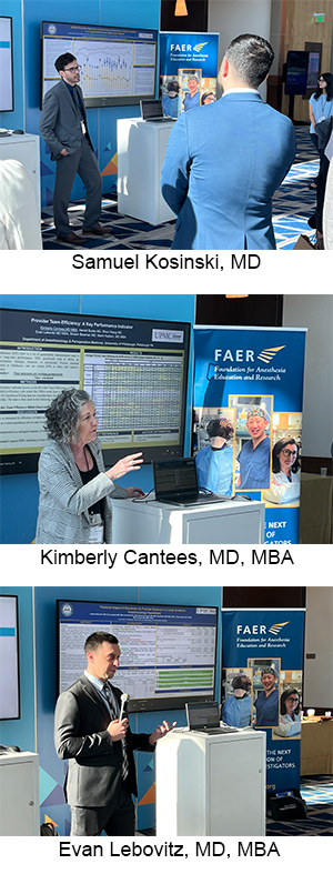 "Three photos of Samuel Kosinski, Kimberly Cantees, and Evan Lebovitz presenting at a podium in front of a virtual poster"