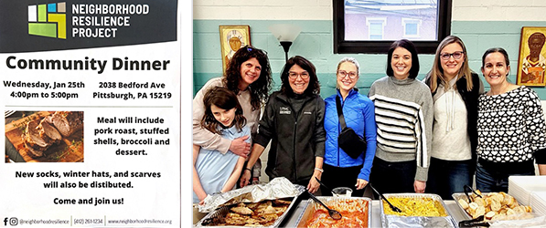 "A graphic advertising the community dinner and a group photo of CRNAs behind a table filled with food to serve"