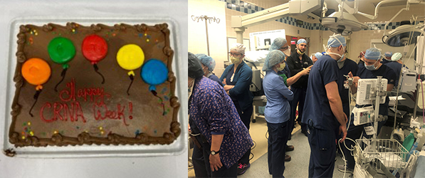 "A cake reading Happy CRNA Week and a group of medical professionals in a hospital room at UPMC Presbyterian"